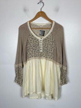 POL Women's Long Sleeves Tunic Top L Floral Boho Cottagecore Patchwork Babydoll